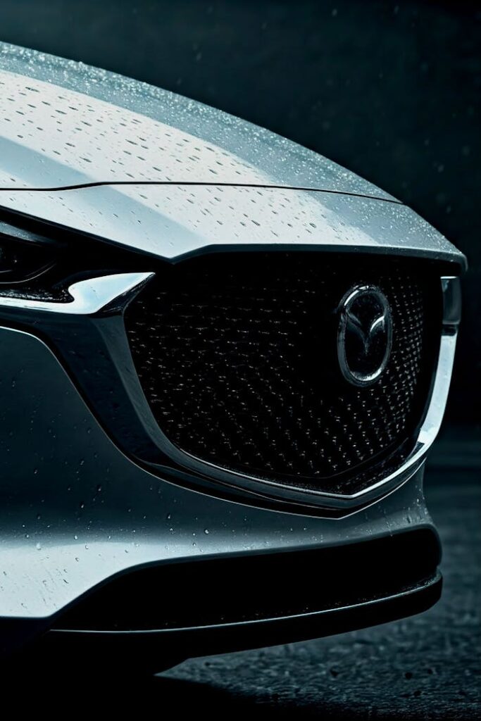 Mazda close up front grille with rain drops 